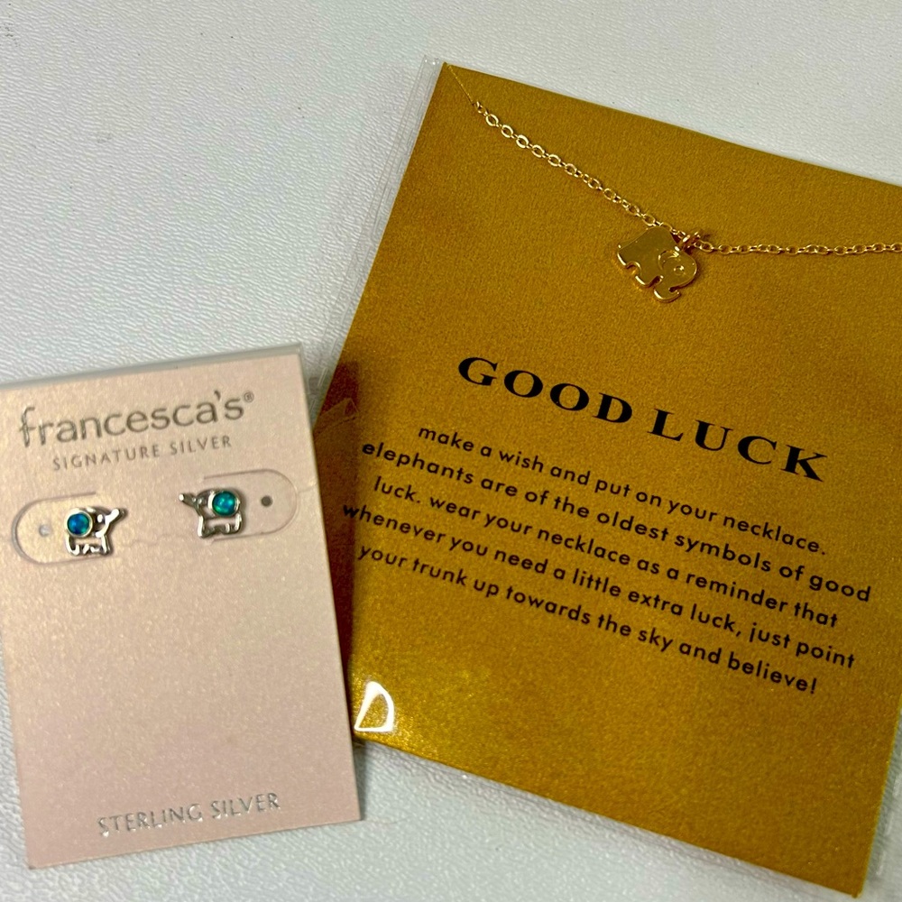 New Elephant Good Luck Necklace & Francesca’s Silver Elephant Earring Set
